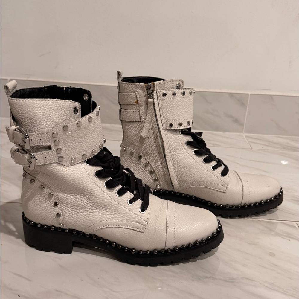 White Studded Leather Combat Sam Edelman Boots with Black Laces